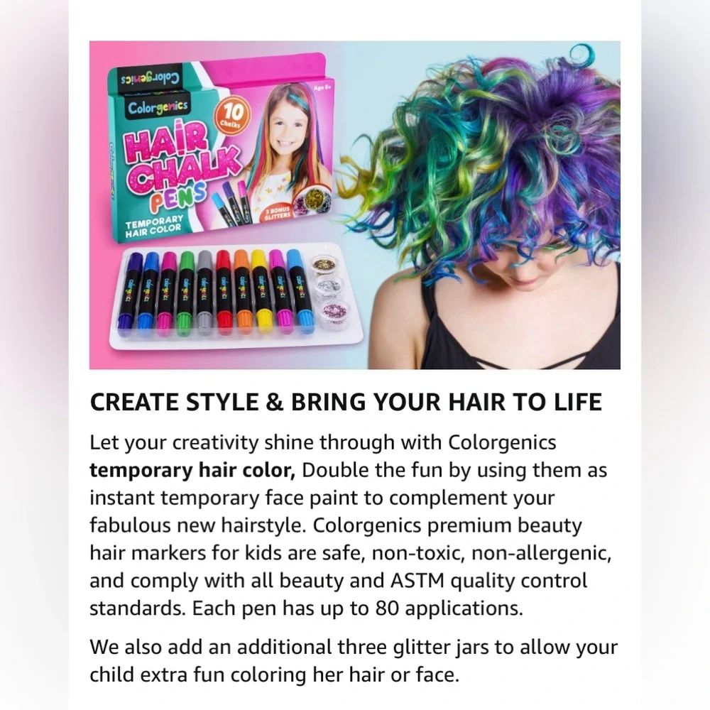 Colorgenics Set of 10 Hair Chalk Pens with 3 Bonus Glitters